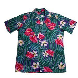 Vintage Hilo Hattie Mens Hawaiian Shirt M? Aloha Floral 90s Green Pink Beach